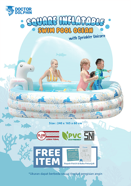 DOCTOR DOLPHIN -- Kolam Renang dan Perlengkapan Renang Anak - Pelampung Renang Tangan Bayi - Square Inflatable Swim Pool Ocean with Sprinkler Unicorn